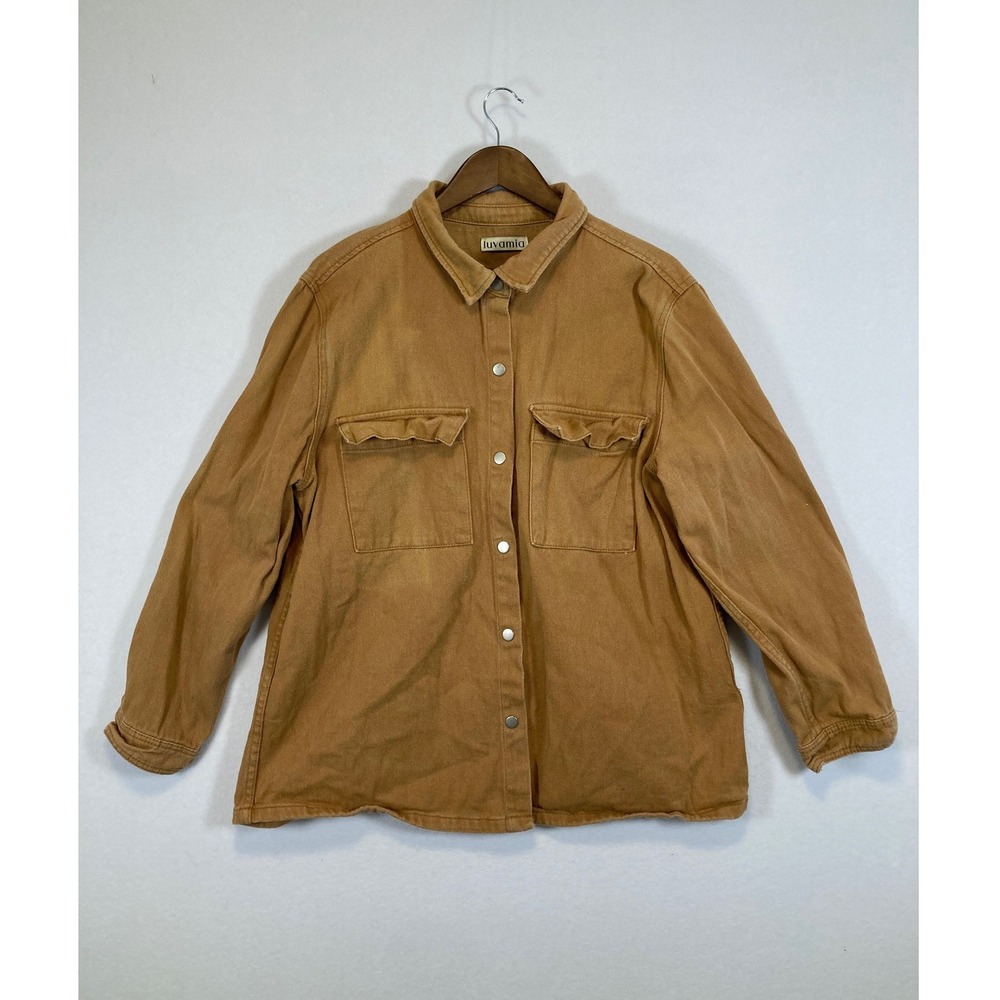 Luvamia Denim Shirt Jacket Womens‎ 2XL Camel Brown Cotton Snap Front Shacket